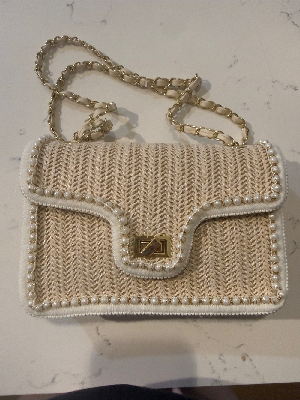 Cream Pearl-Trim Woven Crossbody Bag